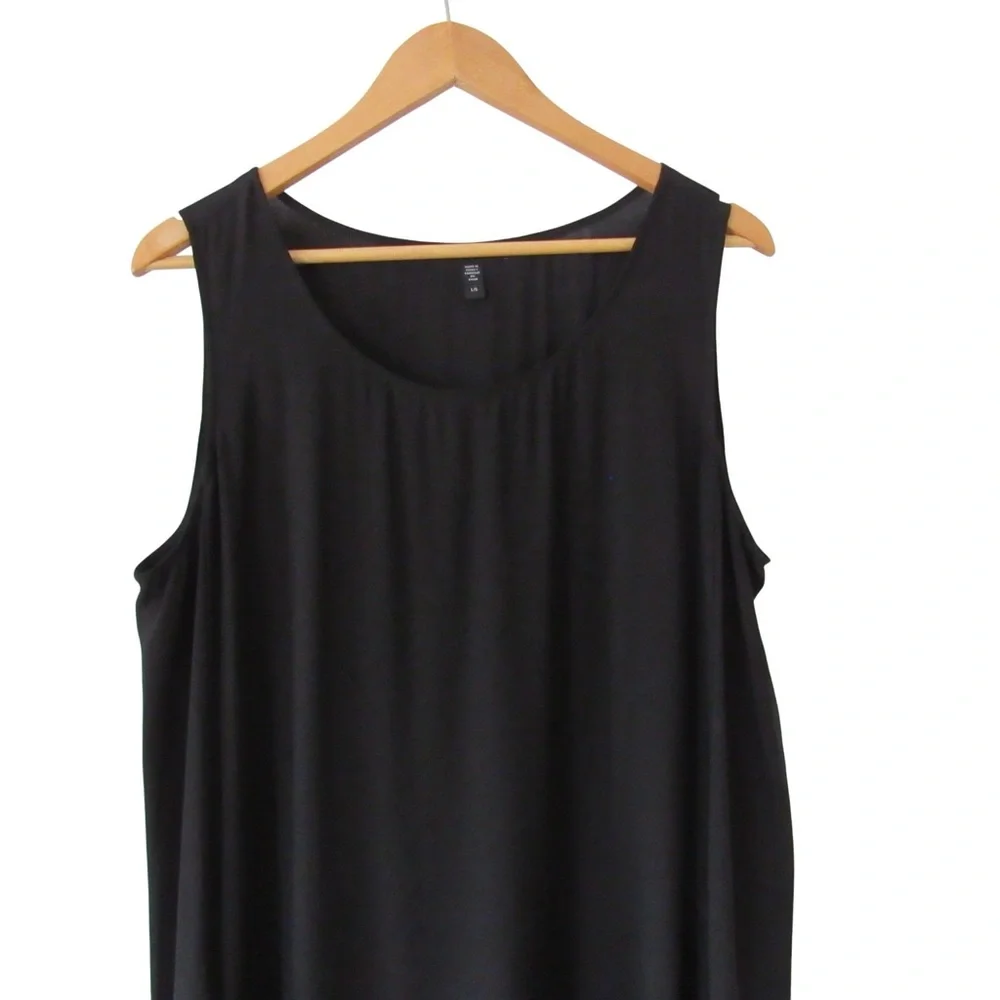 Eileen Fisher Black Silk Dress Large Sleeveless Crewneck Minimalist Lagenlook - Picture 5 of 9